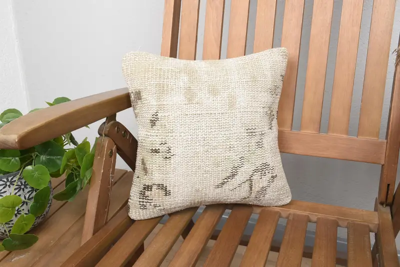 Geometrisches Beige & Braun besticktes Wurfkissen, handgemachtes Vintage Kissen