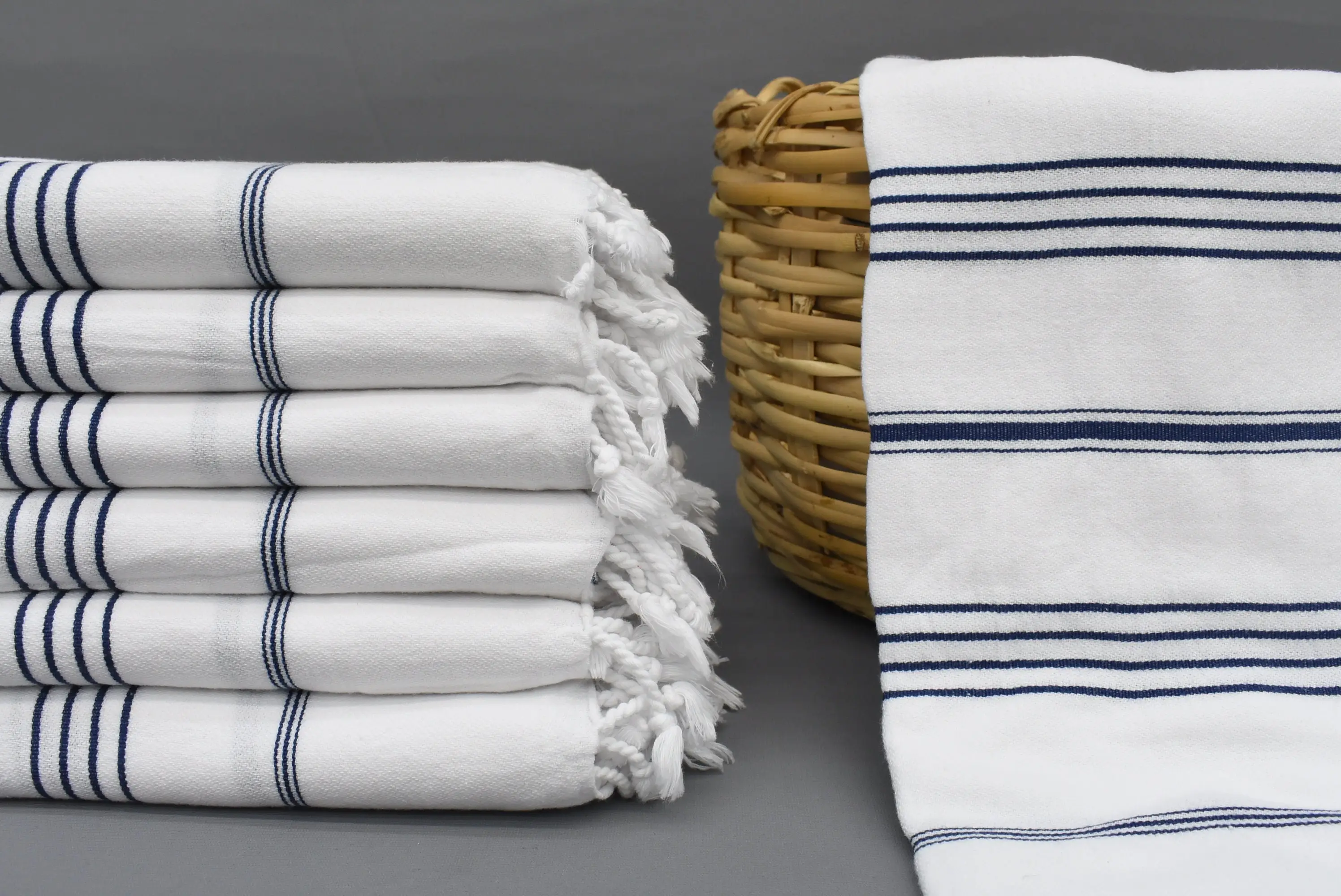 Navy Striped Monogram Beach Towel, Organic Cotton, 70x40 Inches - 1