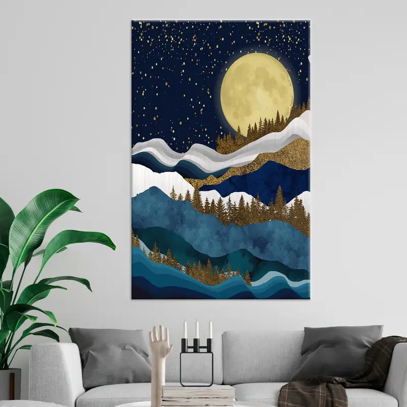 Full Moon Landscape, Full Moon Canvas, Mountain Landscape, Starry Sky Wall Art, Night Landscape Canvas, Mountain Wall Art, Gold Print, - 3