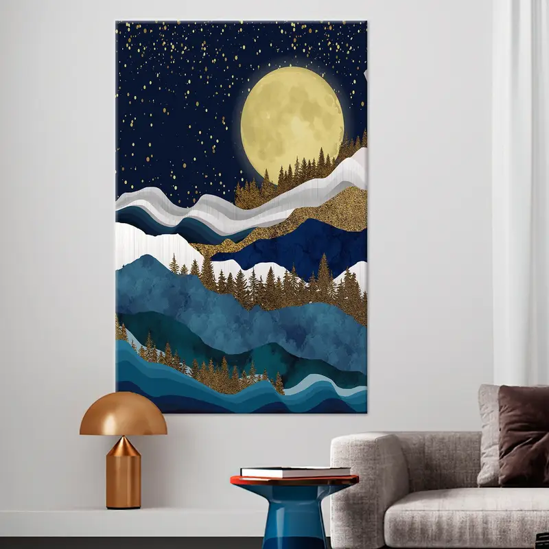 Full Moon Landscape, Full Moon Canvas, Mountain Landscape, Starry Sky Wall Art, Night Landscape Canvas, Mountain Wall Art, Gold Print, - 1