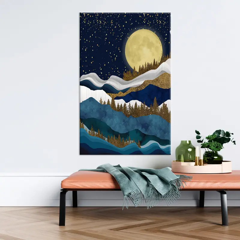 Full Moon Landscape, Full Moon Canvas, Mountain Landscape, Starry Sky Wall Art, Night Landscape Canvas, Mountain Wall Art, Gold Print, - 2