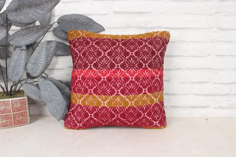 Handmade Rug Seat Pillow Cover, Boho Pillow, Interior Designer Pillow, Home Decor Pillow, Pillow, 14x14 Red Cushion, Morroccon Kilim Cushion Cushion - 1
