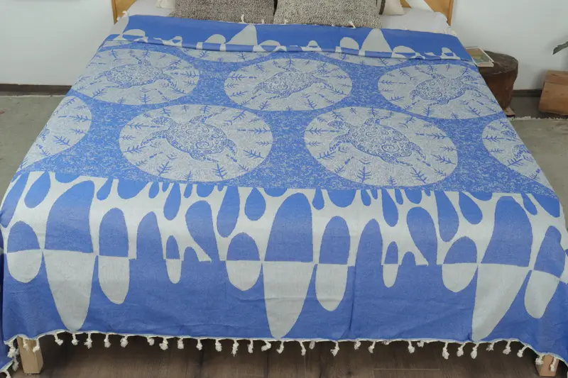 Turkish Bedcover, 100x80 Cotton Turtle Design Towel, Woven Throw Blanket, Family Gift, Personalized Gifts, Bedspread, First Wedding Anniversary Gift - 8