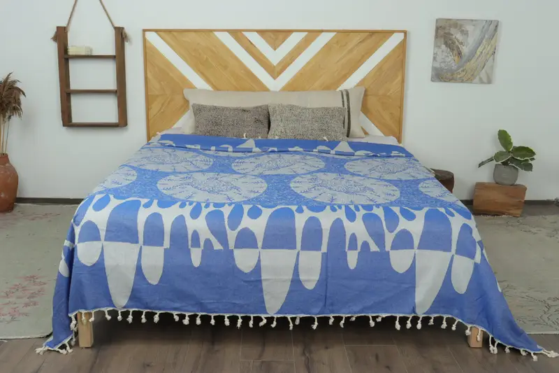 Turkish Bedcover, 100x80 Cotton Turtle Design Towel, Woven Throw Blanket, Family Gift, Personalized Gifts, Bedspread, First Wedding Anniversary Gift - 1