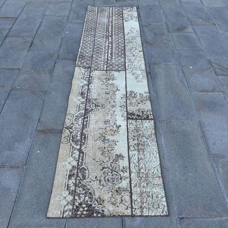 Vintage Turkish Rug, 2.2x9 ft Oushak Rug, Brown White Ombré Rug - 1