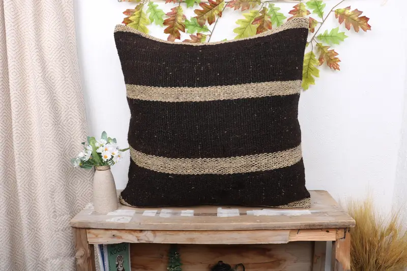 24x24 Brown Cushion Case, Cushion Cover, Ethnical Kilim Rug Pillow, Pillow for Couch, Floor Cushion, Antique Pillows, Pastel Cushion Cover - 1