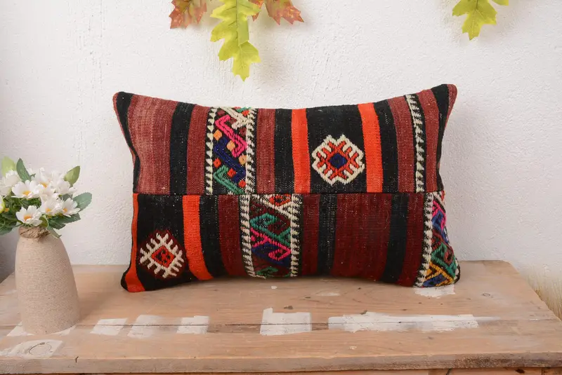 Red & Orange Patchwork Throw Pillow, Handmade Embroidered Cushion