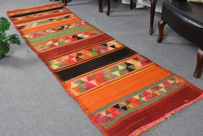 2.7x9.5 ft Runner Vintage Halı, Türk Halısı, Turuncu Yeşil Çiçekli Yün Halı - 1