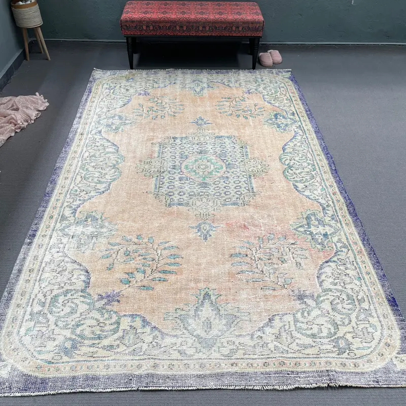 6x9.4 ft Rug, Vintage Turkish Rug, Blue Oushak Wool Rug - 1