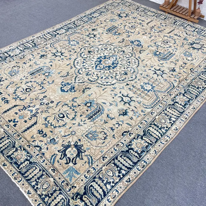 Vintage Rug, 8.3x11.7 ft Oversize Rug, Blue Beige Oushak Wool Rug - 1