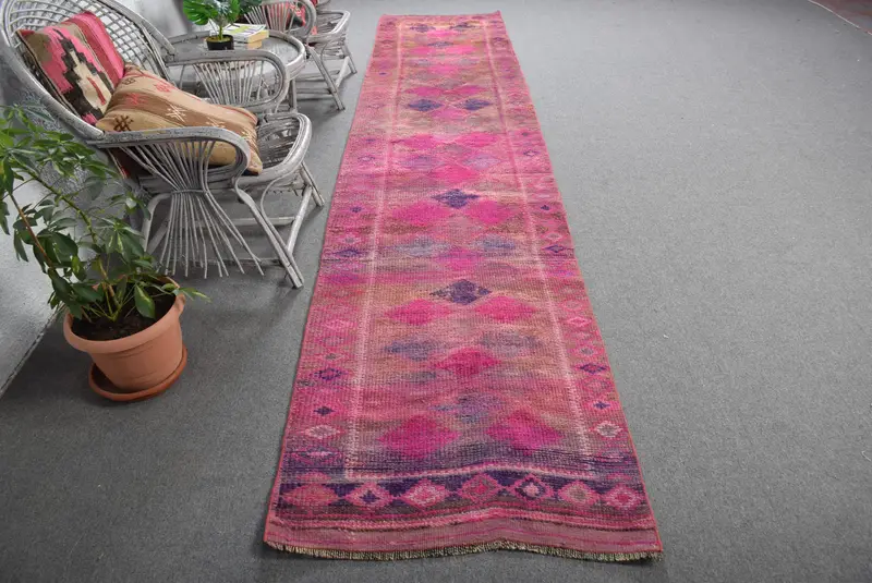 2.9x13.5 ft Vintage Herki Rug, Turkish Rug, Pink Southwestern Wool Rug - 1