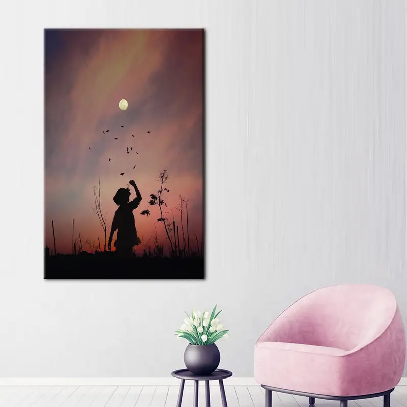 Canvas Print: Girl Silhouette Against Full Moon & Sunset Sky