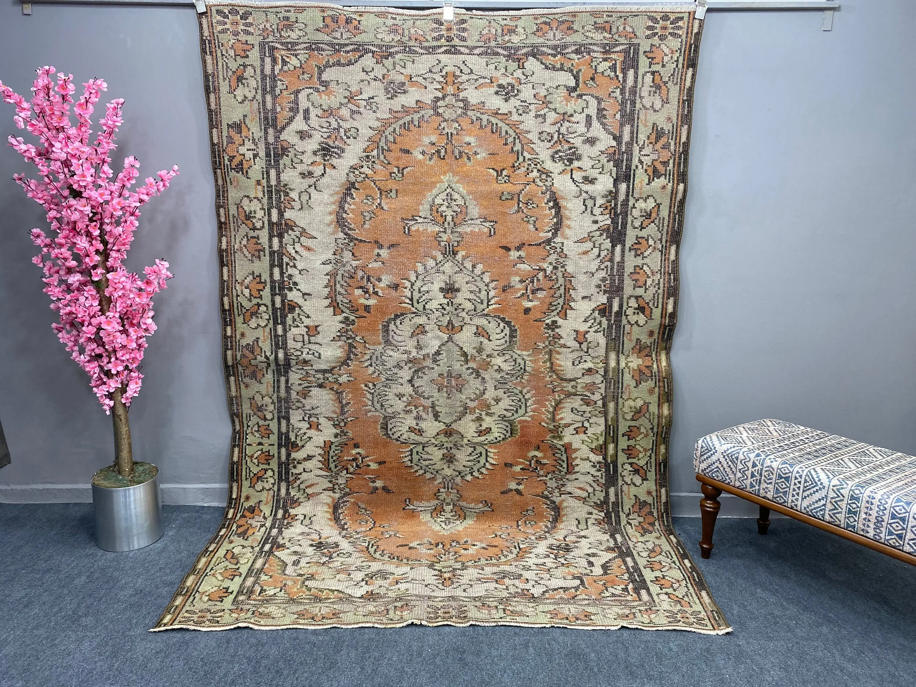 ヴィンテージ ラージ ラグ 182x265cm ブラウンボーダー トルコラグ - 1