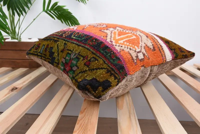 Turkish Kilim Pillow, Decorative Throw Pillow, Boho Pillow, Pillow for Sofa, 18x18 Orange Pillow Cover, Bolster Throw Pillow, Cushion Case - 6