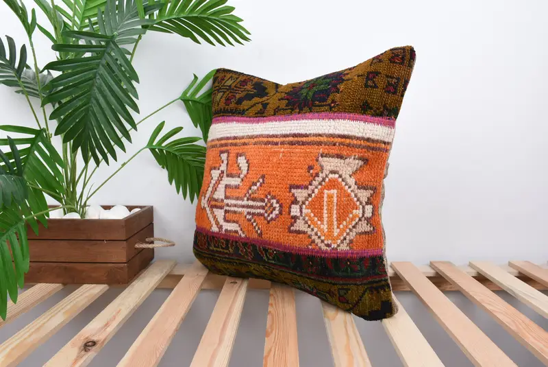 Turkish Kilim Pillow, Decorative Throw Pillow, Boho Pillow, Pillow for Sofa, 18x18 Orange Pillow Cover, Bolster Throw Pillow, Cushion Case - 5