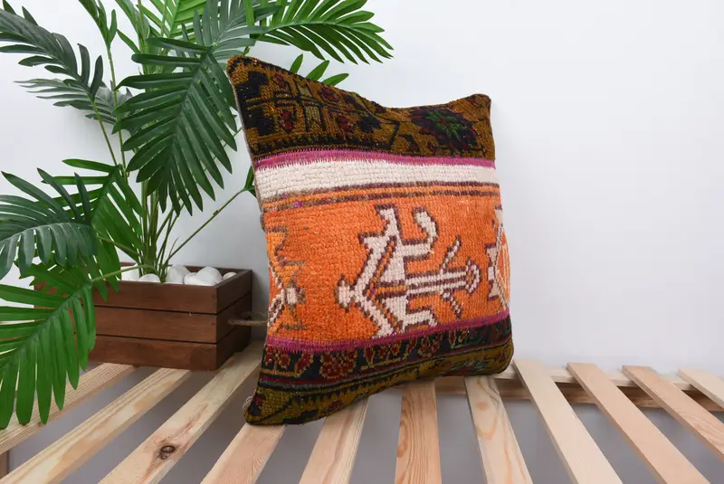 Turkish Kilim Pillow, Decorative Throw Pillow, Boho Pillow, Pillow for Sofa, 18x18 Orange Pillow Cover, Bolster Throw Pillow, Cushion Case - 4