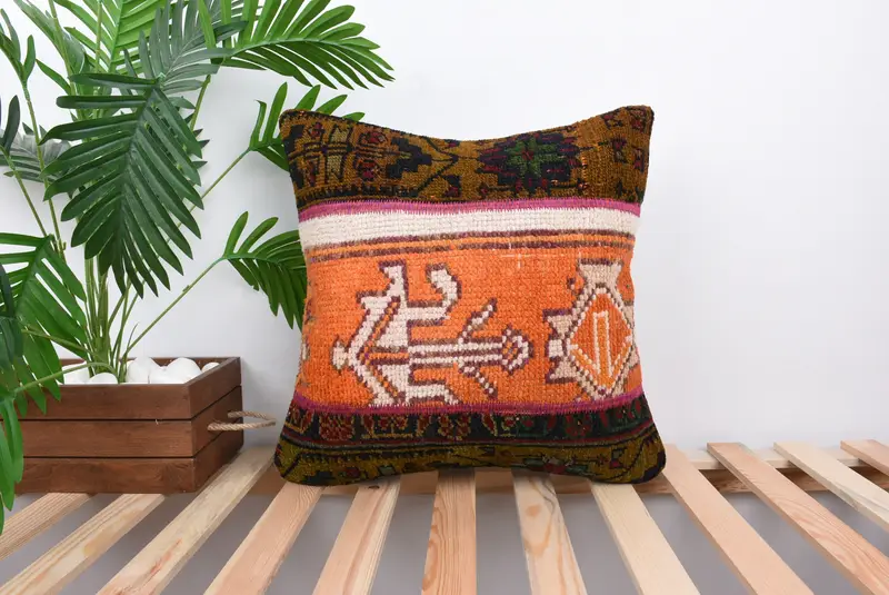 Turkish Kilim Pillow, Decorative Throw Pillow, Boho Pillow, Pillow for Sofa, 18x18 Orange Pillow Cover, Bolster Throw Pillow, Cushion Case - 1