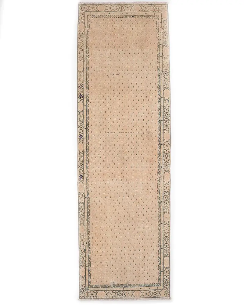 Zarif Bej ve Mavi Patchwork Halı, 3,1x10,1 ft