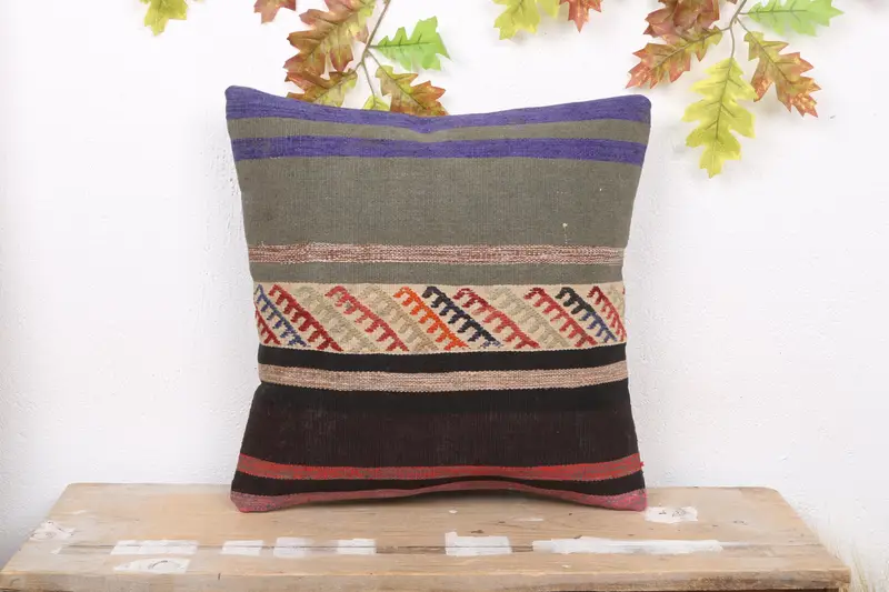 Gesticktes graues und braunes Wurfkissen, Vintage-gestreiftes Kissen