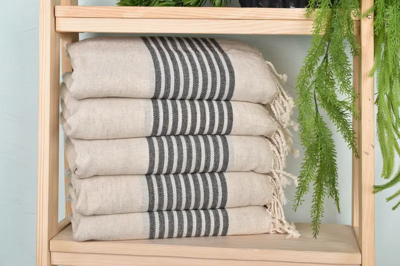 Striped Towel Turkish Beach Towel Black Linen 38x71 Inches