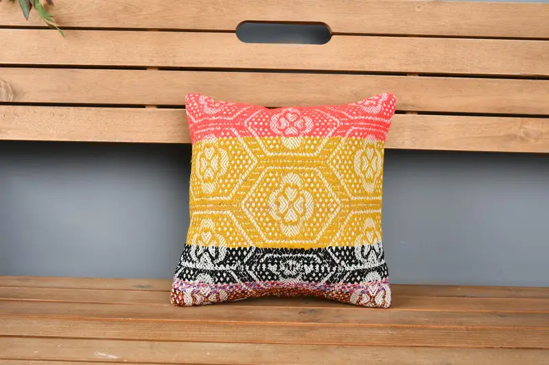 Chair Cushion Case, Cushion Case, Turkish Kilim Pillow, 12x12 Yellow Cushion, Bright Cushion Cover, Gift Pillow, Pillow for Couch - 6