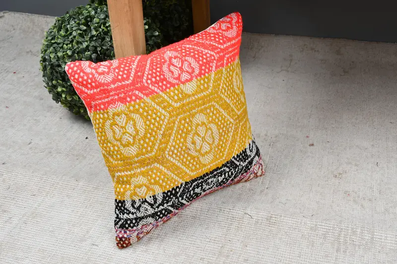 Chair Cushion Case, Cushion Case, Turkish Kilim Pillow, 12x12 Yellow Cushion, Bright Cushion Cover, Gift Pillow, Pillow for Couch - 7