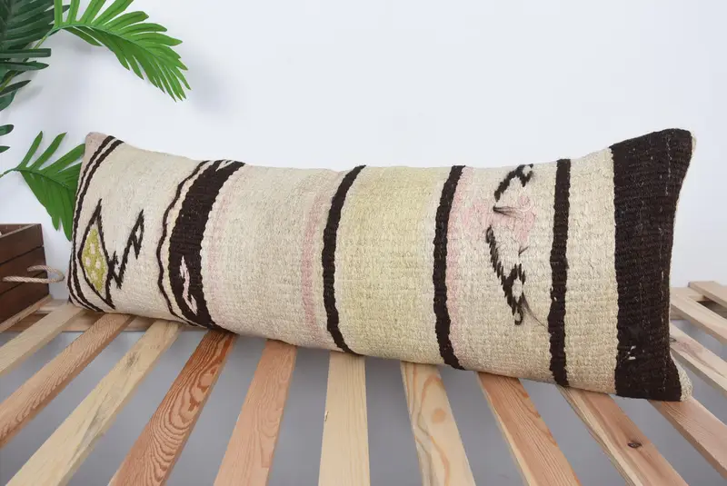 Pillow Case, 12x36 Beige Cushion Case, Tapestry Cushion Case, Kilim Cushion Sham, Ethnical Kilim Rug Pillow, Handmade Kilim Cushion - 5