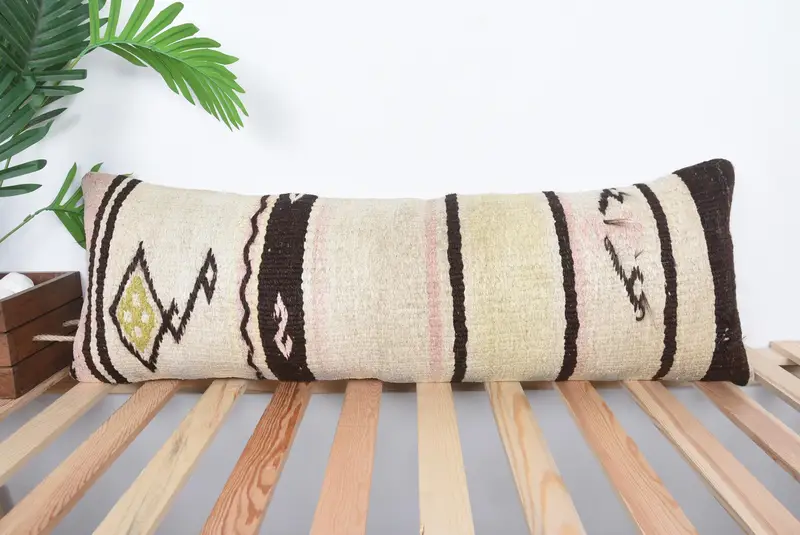 Pillow Case, 12x36 Beige Cushion Case, Tapestry Cushion Case, Kilim Cushion Sham, Ethnical Kilim Rug Pillow, Handmade Kilim Cushion - 1