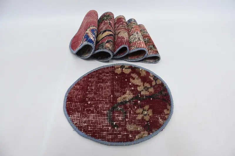 ボヘミアン柄レッド&ベージュサークルプレースマット、コットン&ウール素材