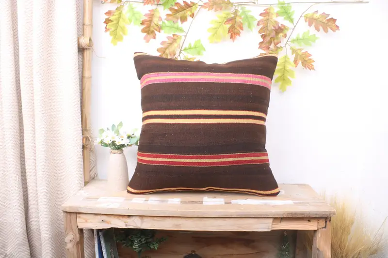 Shabby Chic Pillow Sham, 20x20 Brown Pillow, Kilim Cushion Sham, Anatolian Pillow Sham, Cushion Case, Pillow for Couch, Vintage Kilim Throw Pillow - 1