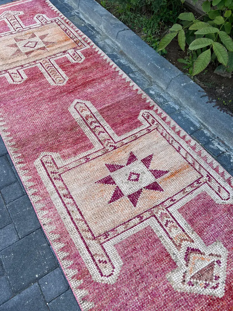 ターキッシュ ランナー ラグ 95x320cm ヘルキ レッド フローラル ヴィンテージ ラグ - 1