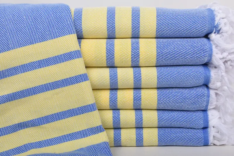 Beach Towel Monogrammed Turkish Organic Cotton Sax Blue-Yellow Chevron, 67x36 Inches