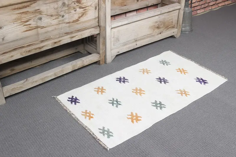 1.8x3.3 ft Vintage Small Rug, White Purple Turkish Patchwork Wool Rug - 1
