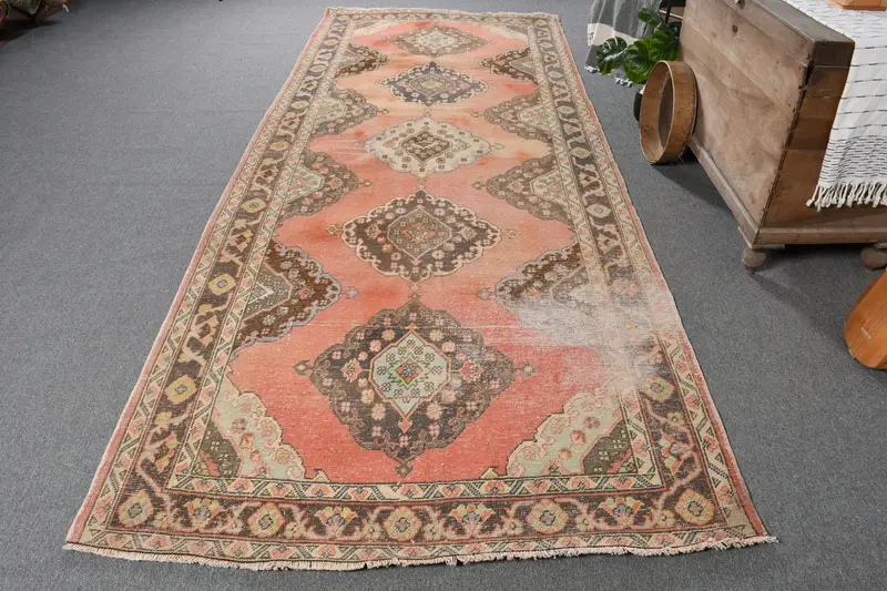 Turkish Vintage Rug 4.8x12.2 ft (147x371 cm), Oushak Red Wool Rug - 1
