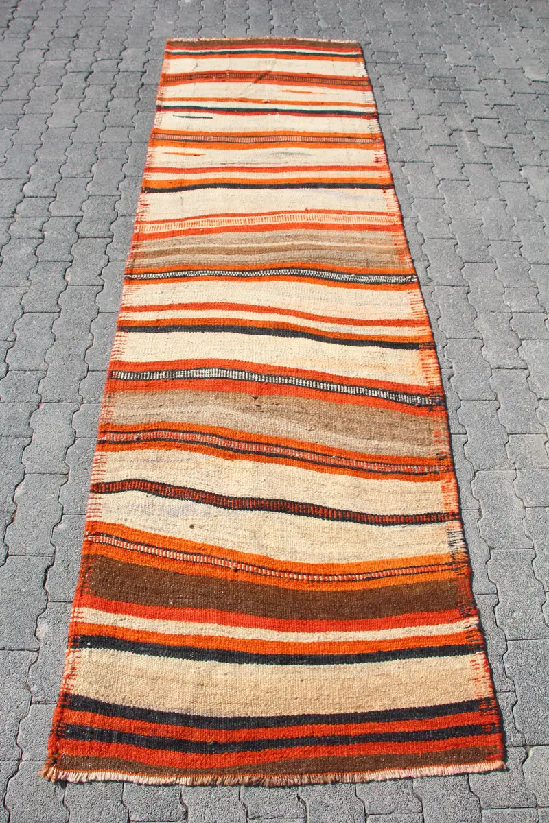 2.9x9.4 ft Turkish Kilim Rug, Orange Check Vintage Wool Rug - 1
