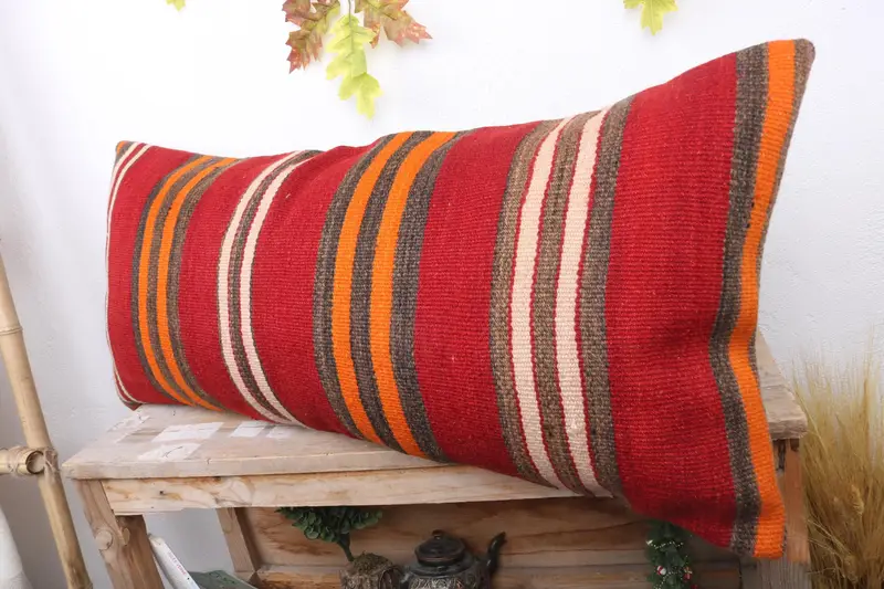 Ethnical Kilim Rug Pillow, Pillow Sham, Antique Pillows, Accent Throw Pillow Case, 16x36 Red Cushion Case, Interior Designer Pillow - 4