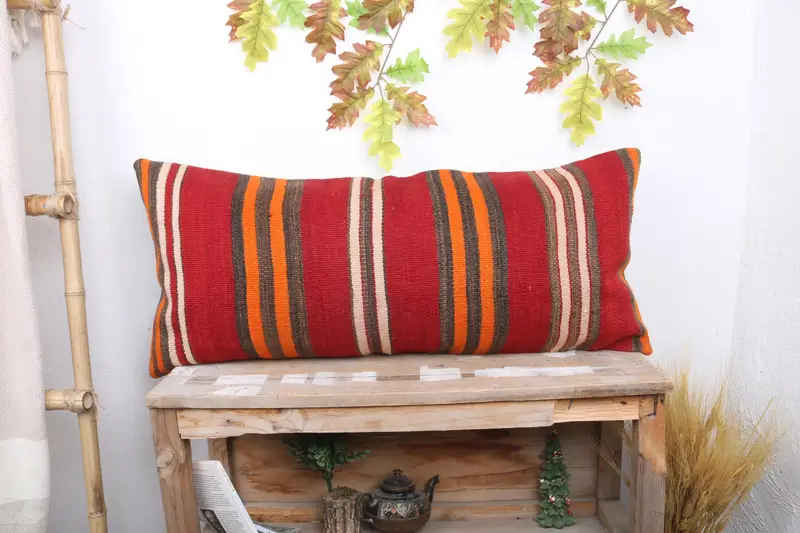 Ethnical Kilim Rug Pillow, Pillow Sham, Antique Pillows, Accent Throw Pillow Case, 16x36 Red Cushion Case, Interior Designer Pillow - 1