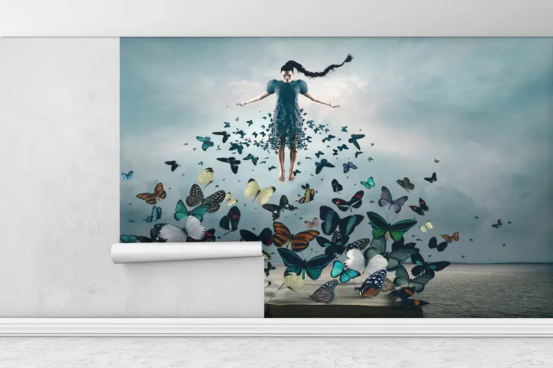 蝶、壁紙の皮とスティック、紙の壁アート、3D壁紙、抽象的な壁アート、蝶の恋人ギフト壁紙、 - 1
