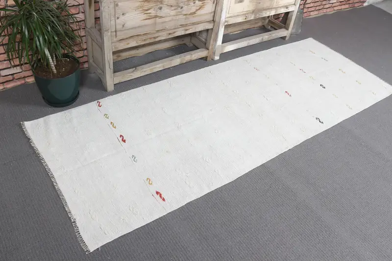 2.7x7.5 ft Halı, Vintage Türk Halısı, Beyaz Kilim Yün Halı - 1