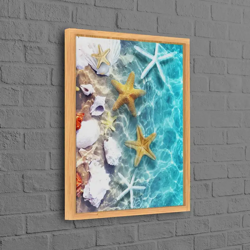 Arte en lienzo impreso con vista al mar azul y estrella de mar tropical
