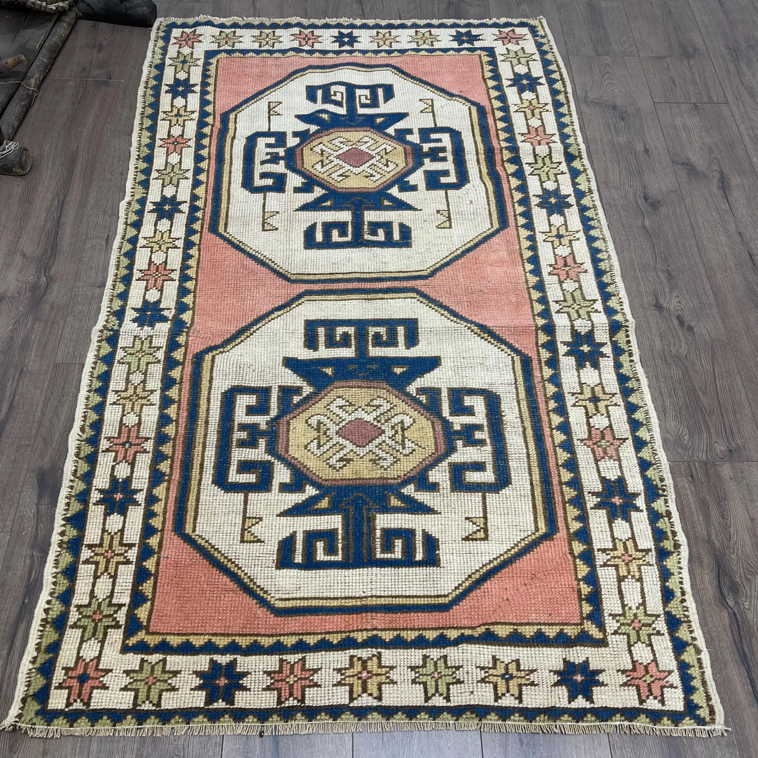 Vintage Rug 3.5x5.8 ft (108x177 cm), Blue Floral Turkish Rug - 1