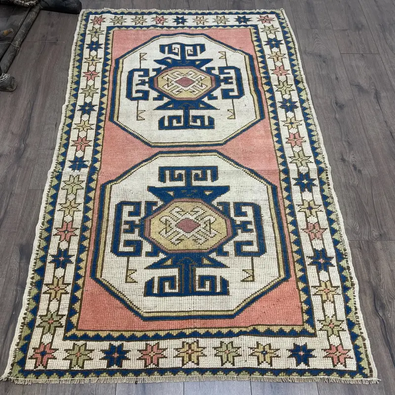 エレガントなベージュ & ブルー ラグ、3.5x5.8 フィート 花柄 & 幾何学模様