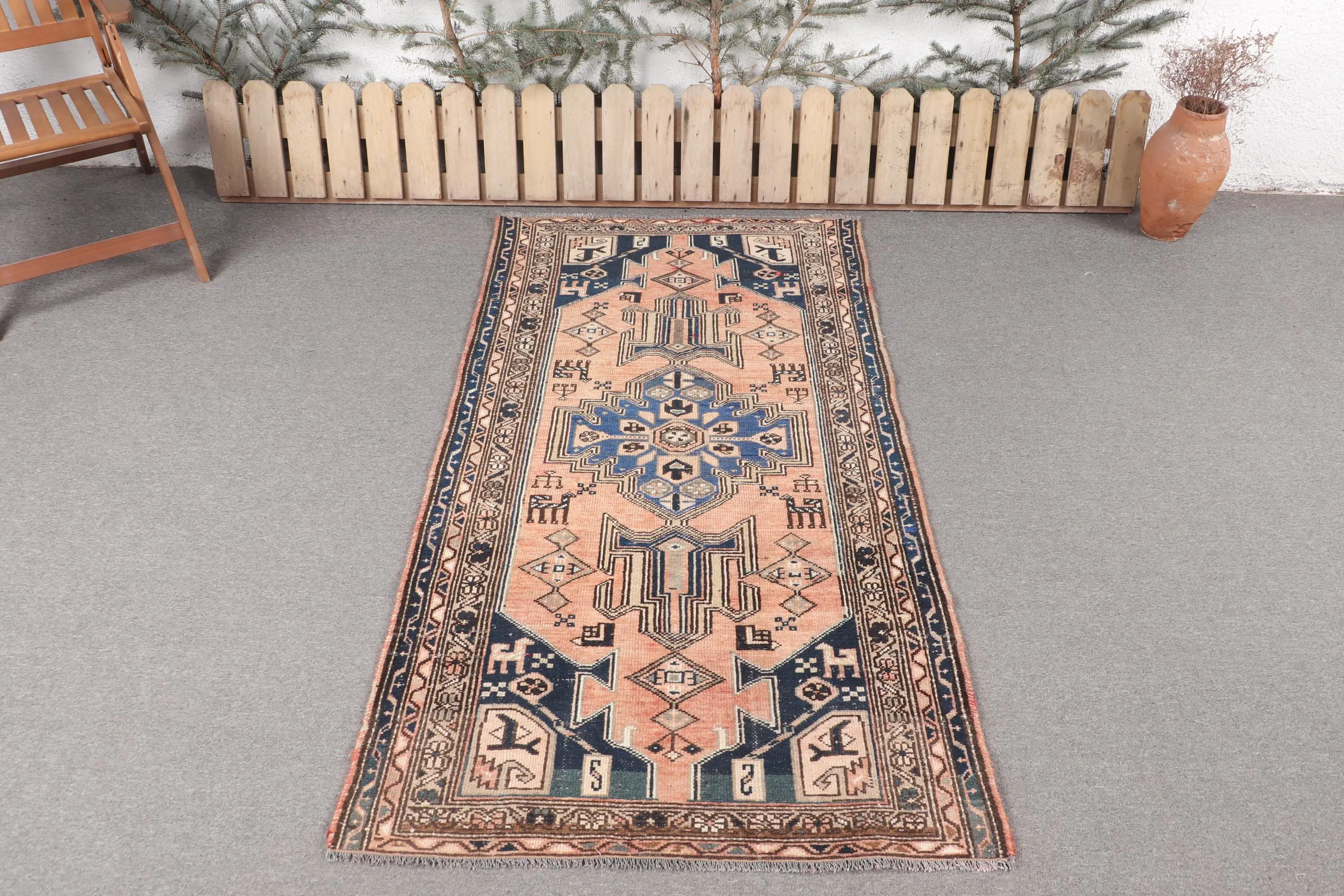 Turkish Rug, 3.37x6.3 ft Accent Rug, Blue Brown Wool Rug - 1