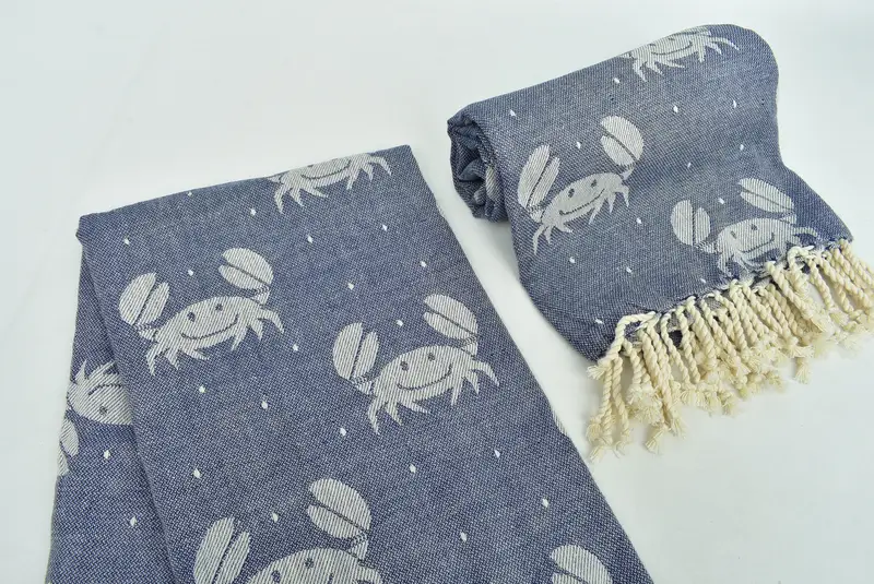 Personalize Gift, Lightweight Turkish towel, Organic cotton Turkish peshtemal towel, 68x40 Cotton Crab Design Towel, Summer Gift, Fouta towel - 7