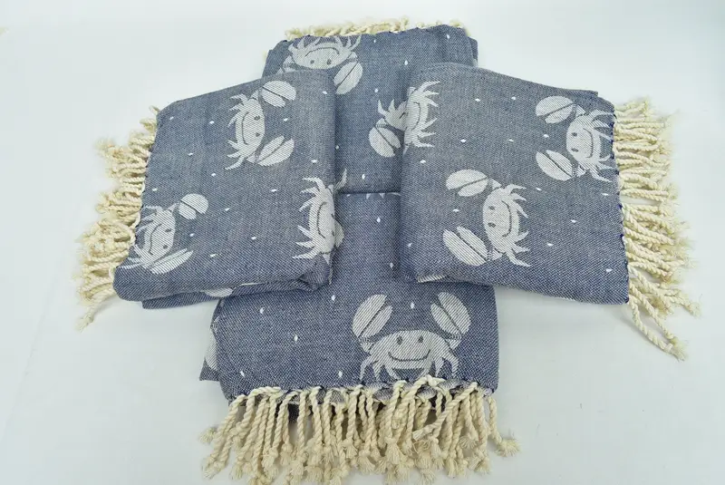 Personalize Gift, Lightweight Turkish towel, Organic cotton Turkish peshtemal towel, 68x40 Cotton Crab Design Towel, Summer Gift, Fouta towel - 6