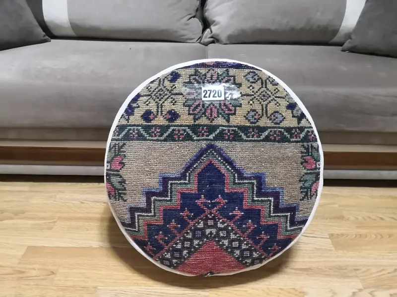 手作りキリム風ブルー&グレープーフ、多用途オットマンプーフ