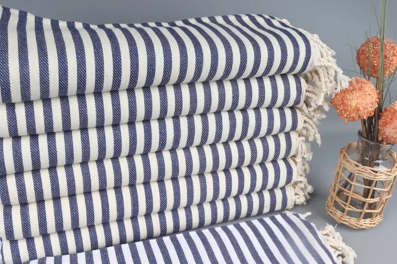 Organic Cotton Beach Towel Navy Striped Peshtemal, 40x76 Inches