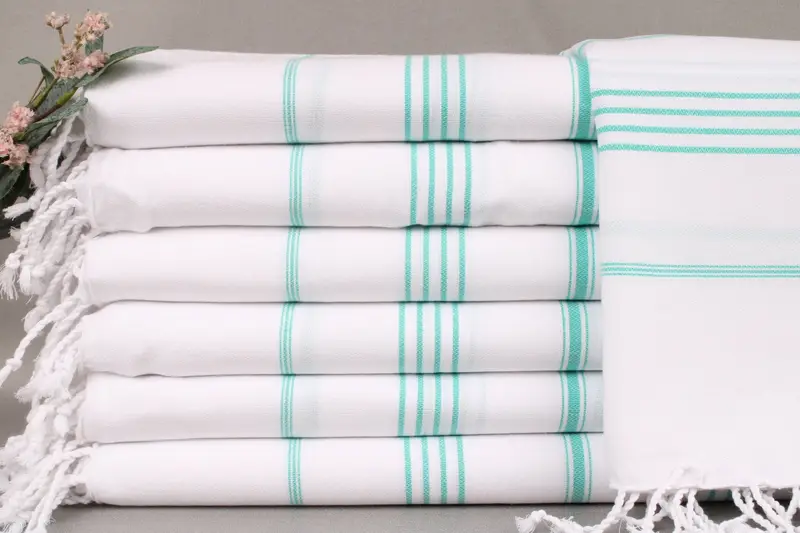 Embroidered Beach Towel, Turkish Cotton, Green, Beige Stripes, 40x71 Inches