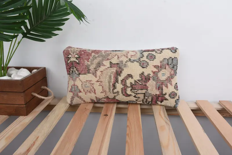 Handmade Throw Cushion, Boho Pillow, Antique Pillows, Vintage Kilim Pillow, Garden Pillow Sham, 8x16 Beige Cushion Cover, Pillow Cover - 1