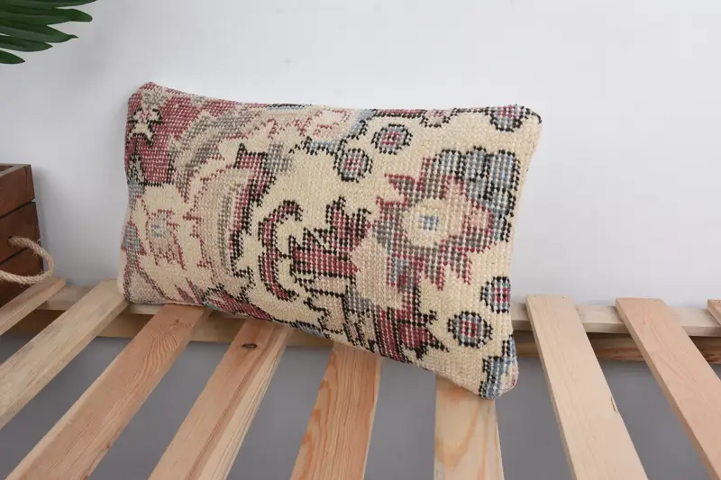Handmade Throw Cushion, Boho Pillow, Antique Pillows, Vintage Kilim Pillow, Garden Pillow Sham, 8x16 Beige Cushion Cover, Pillow Cover - 5